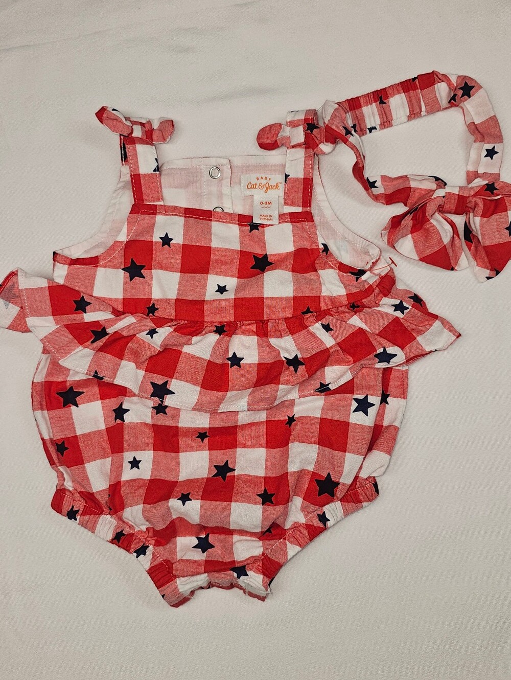 Baby Cat & Jack red gingham romper with matching bow headband. Size: 0-3